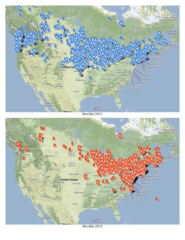 Snowy Owl eBird Maps, 2011 vs 2013