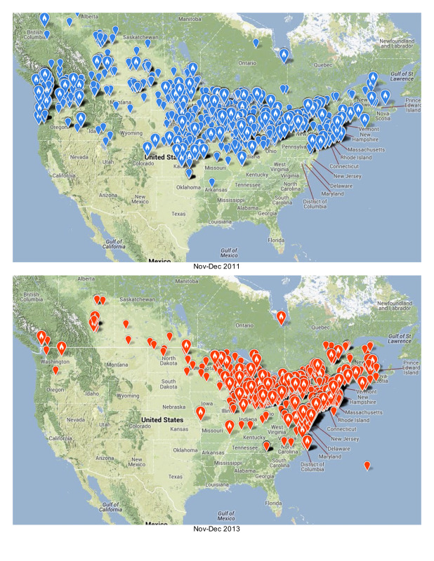 Snowy Owl eBird Maps, 2011 vs 2013