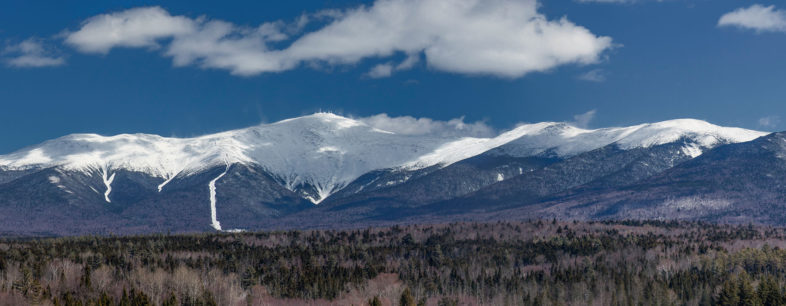 Mount Washington and the Presidential Range in winter. A full panorama photo by K.P. McFarland can be viewed by clicking on the image. 