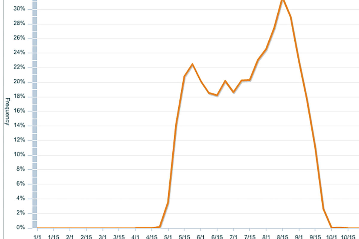 Frequency of Ruby-throated Hummingbirds reported on Vermont eBird checklists. Click on the chart to see the results so far this year on Vermont eBird. 