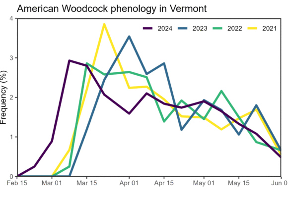 Woodcock observations peak at different times over the last 4 years. In 2024 they peaked on March 8, but in 2023 they didn’t peak until April 1. &copy; Megan Massa based on phenology data from Vermont eBird 