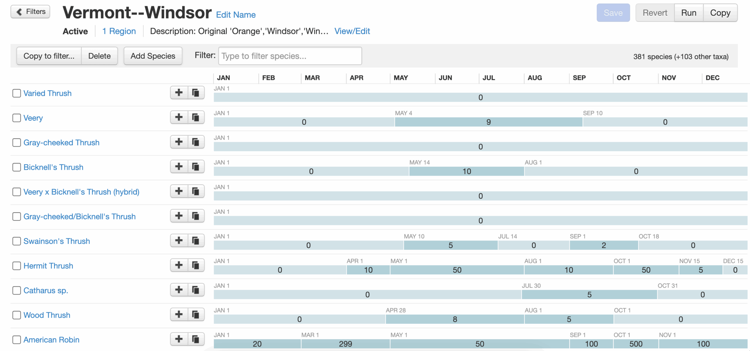 Screenshot of the eBird filter for Vermont, Windsor County. It shows a selection of thrushes including Varied Thrush, which is always set to 0, and other thrushes like Swainson's, Hermit, Wood, Bicknell's, and American Robin.