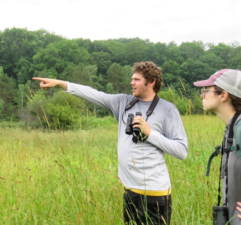 Person pointing in grasslands.