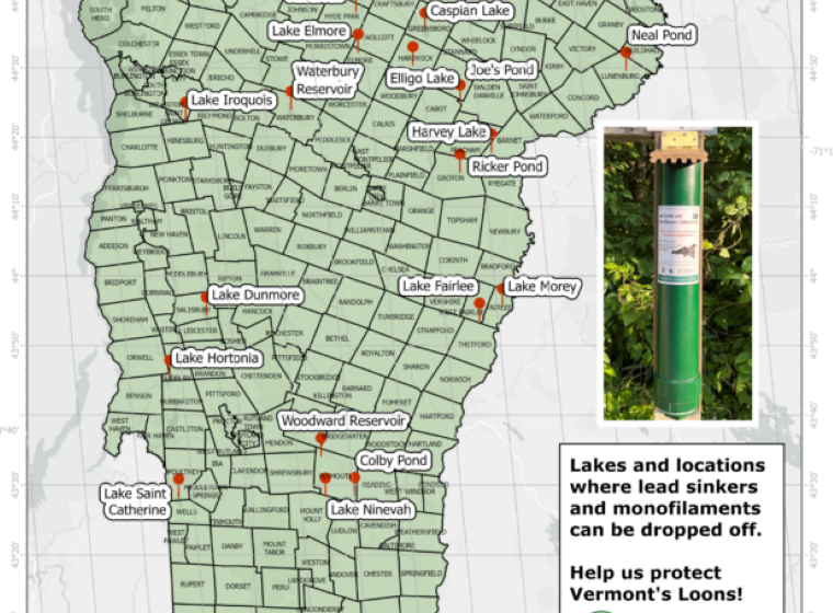 Map of lead sinker and monofilament deposit sites in Vermont