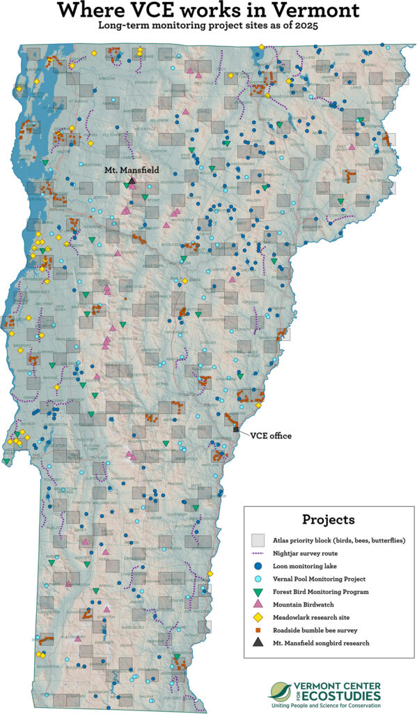 Where VCE works in Vermont.  Long-term monitoring project sites as of 2025