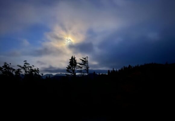 Photo of the moon at 4:10 a.m. from Porter Mountain in the High Peaks Wilderness Area, the New York State Adirondack Forest Preserve's largest wilderness area &copy; © Janet Stein, Mountain Birdwatch volunteer